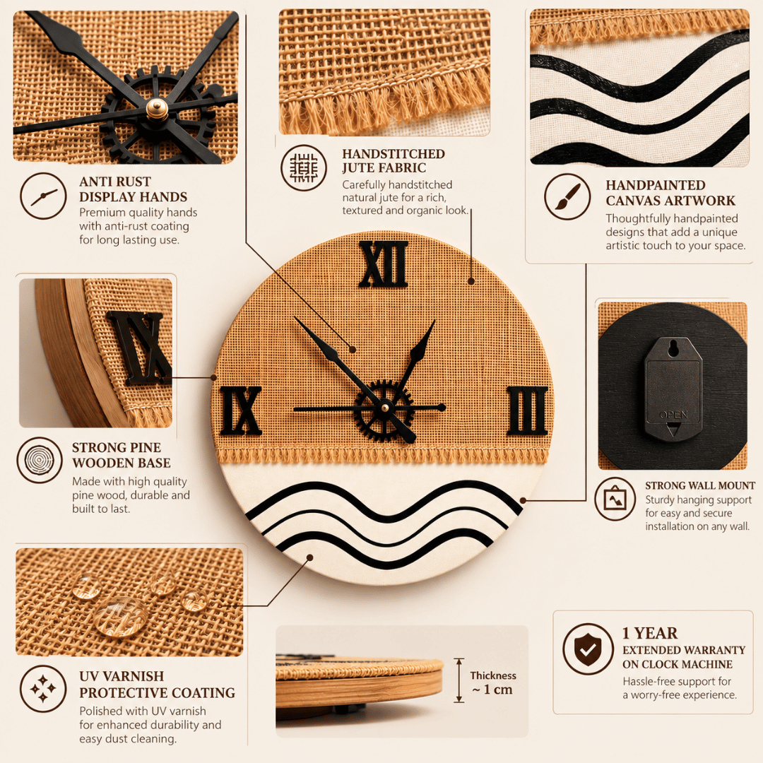 Wooden Wall Clock Analog Handcrafted Jute Texture