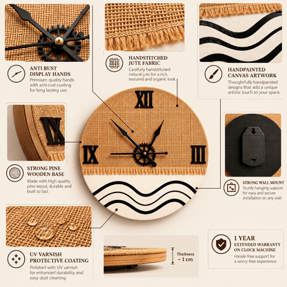 Wooden Wall Clock Analog Handcrafted Jute Texture