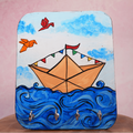 Wooden Key Holder Hand Painted Paper Boat with 4 Key Hooks