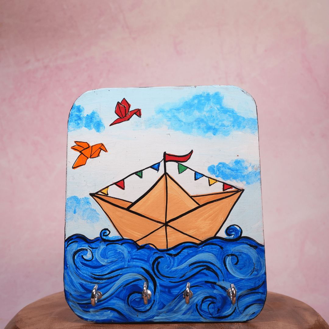 Wooden Key Holder Hand Painted Paper Boat with 4 Key Hooks