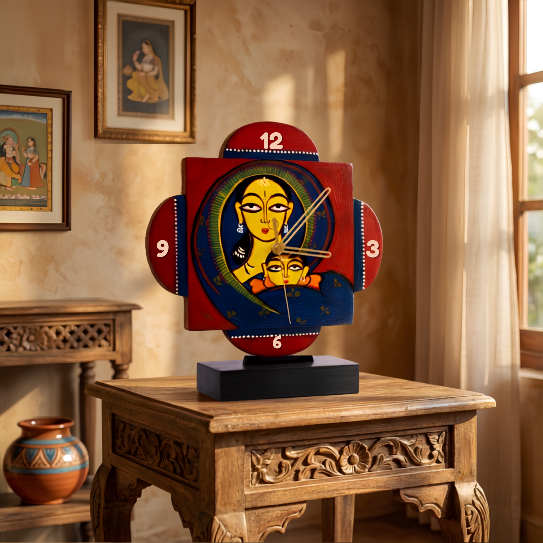 Wooden Table Clock - Jamini Roy Painting