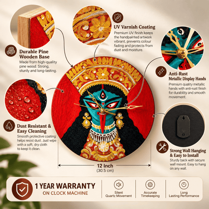 Wooden Wall Clock Analog Hand Painted Kali Maa