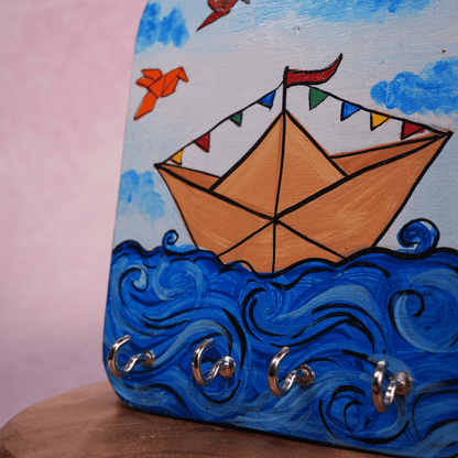 Wooden Key Holder Hand Painted Paper Boat with 4 Key Hooks