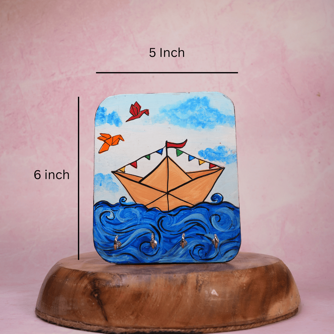 Wooden Key Holder Hand Painted Paper Boat with 4 Key Hooks