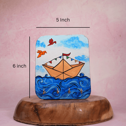Wooden Key Holder Hand Painted Paper Boat with 4 Key Hooks