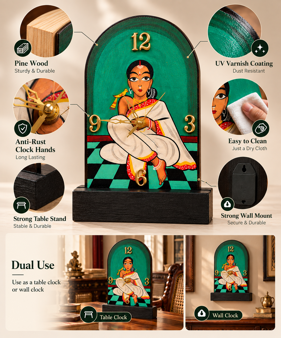 Wooden Table & Wall Clock Hand painted Rani Maa