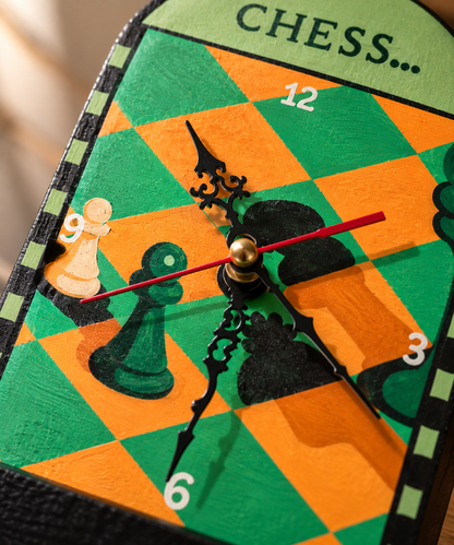 Wooden Table & Wall Clock Hand Crafted Chess Board