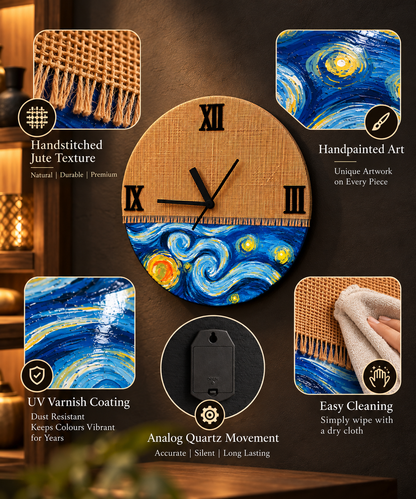 Wooden Handcrafted Jute Stiched Wall Clock Analog