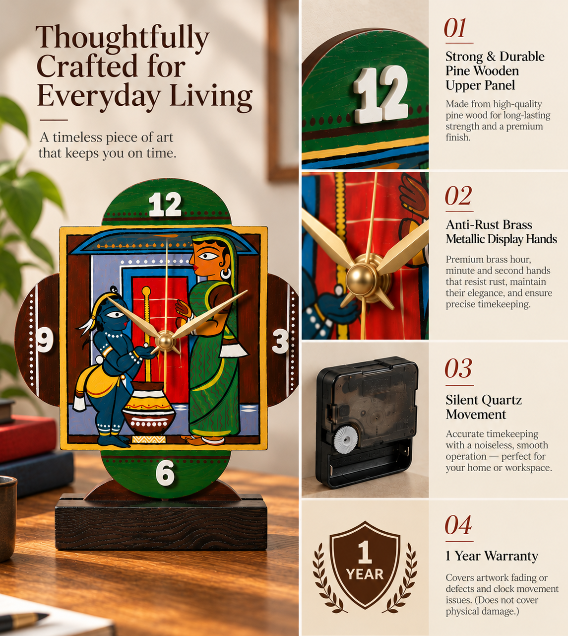 Wooden Table Clock - Jamini Roy Painting