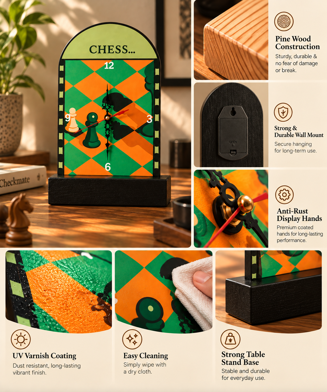 Wooden Table & Wall Clock Hand Crafted Chess Board