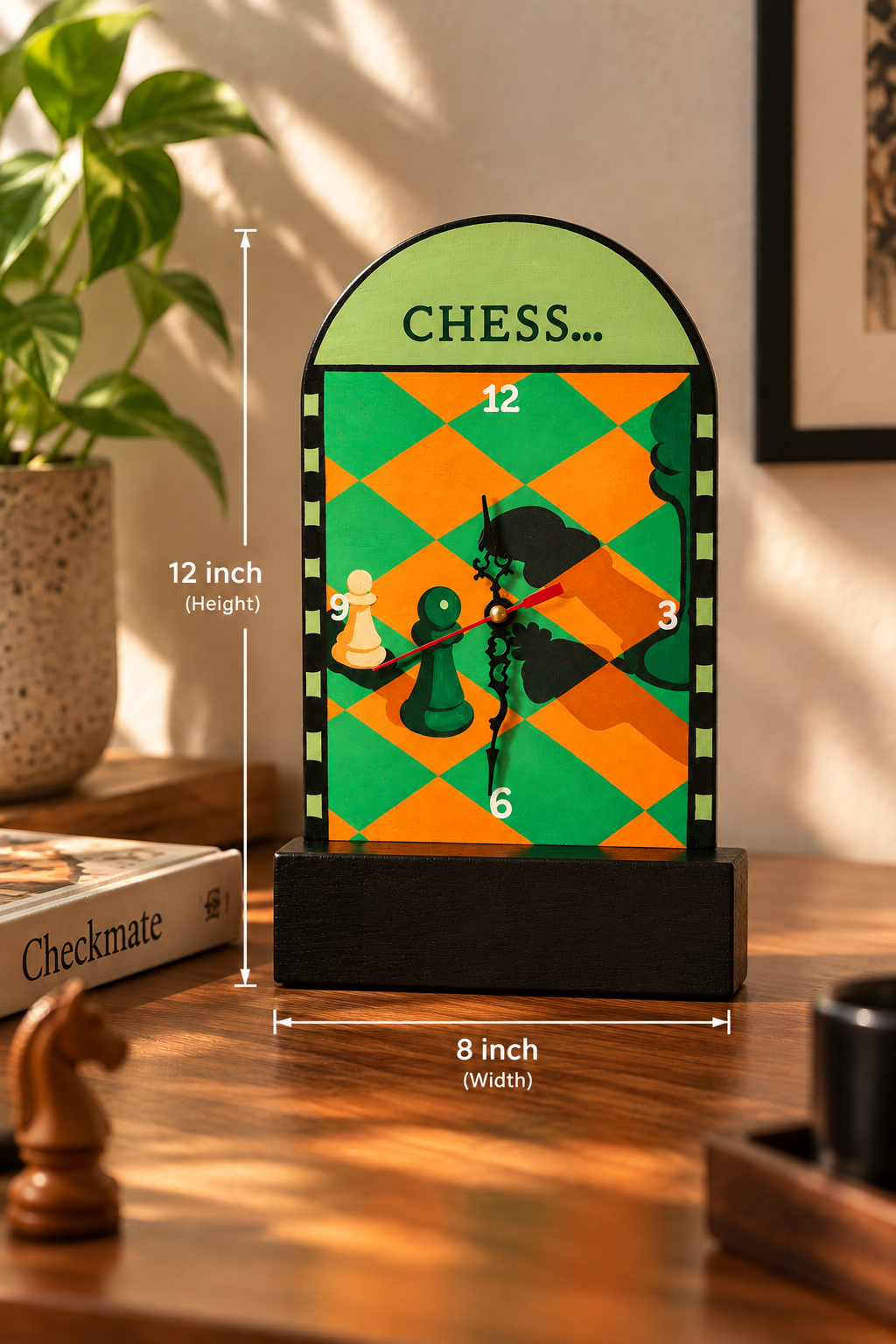 Wooden Table & Wall Clock Hand Crafted Chess Board