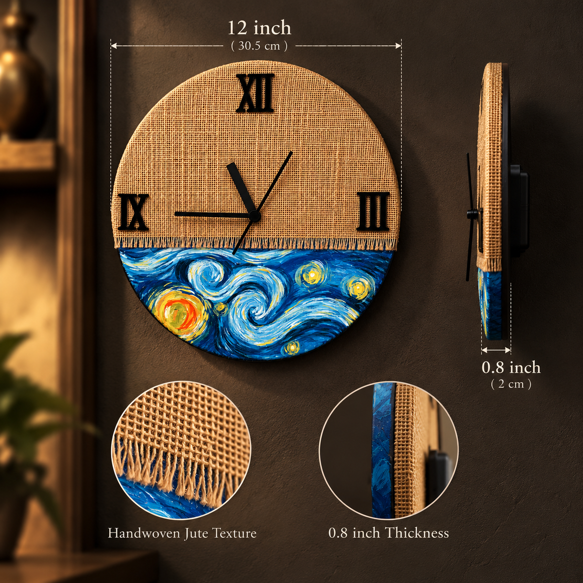 Wooden Handcrafted Jute Stiched Wall Clock Analog