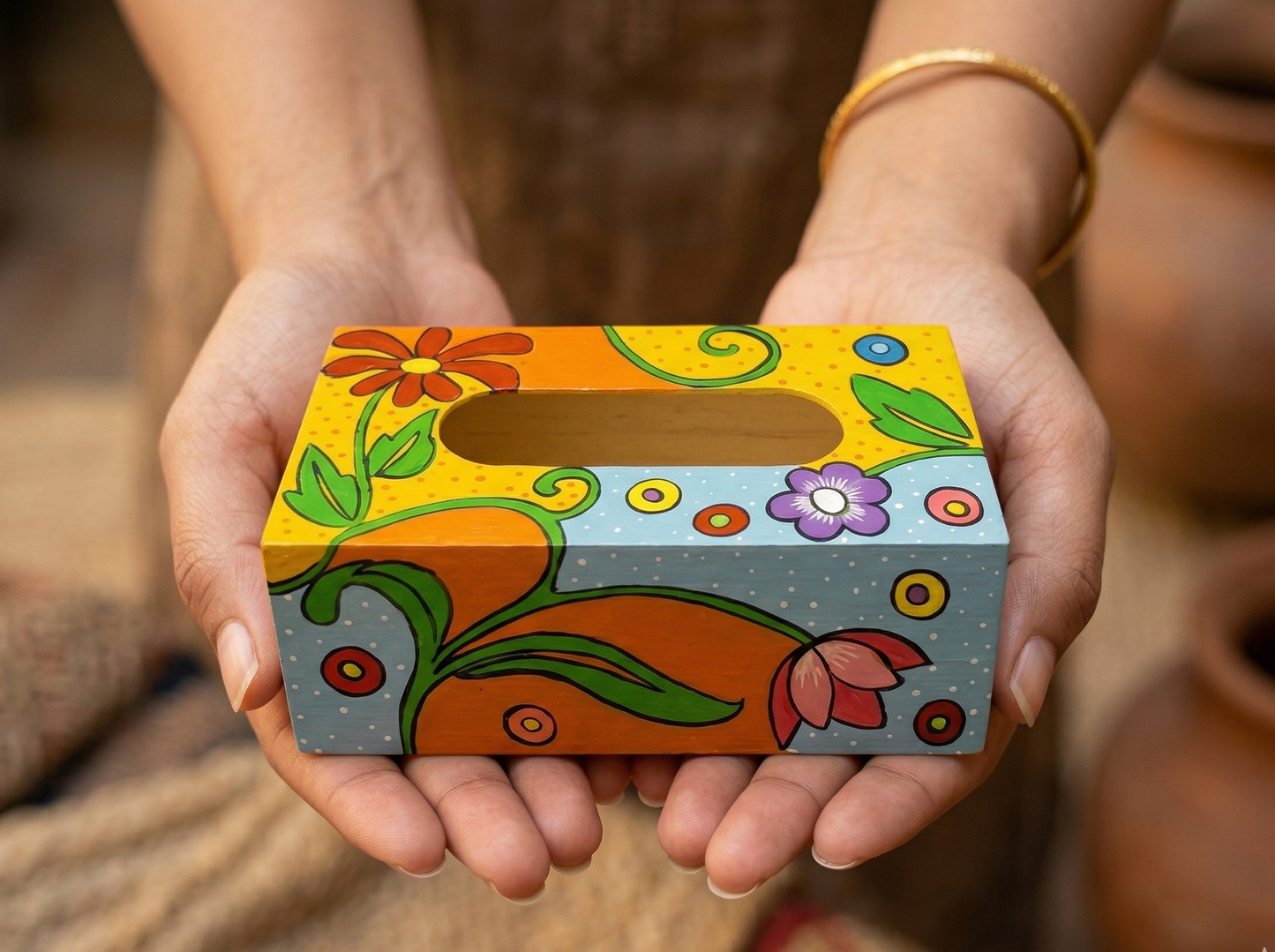 Rangriti Folk Art Tissue Holder – Handpainted Wooden Tissue Box for Home Decor