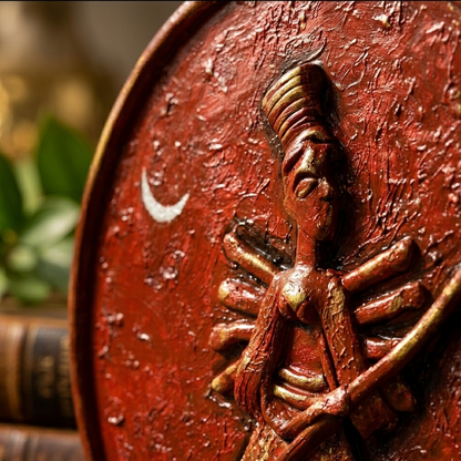 Maa Durga Handpainted Wall Plaque – Folk Art Wooden Devotional Decor for Home