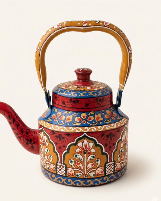 Vintage Rajasthani Art Decorative Teapot – Handpainted Folk Art Alumunium Tea Kettle