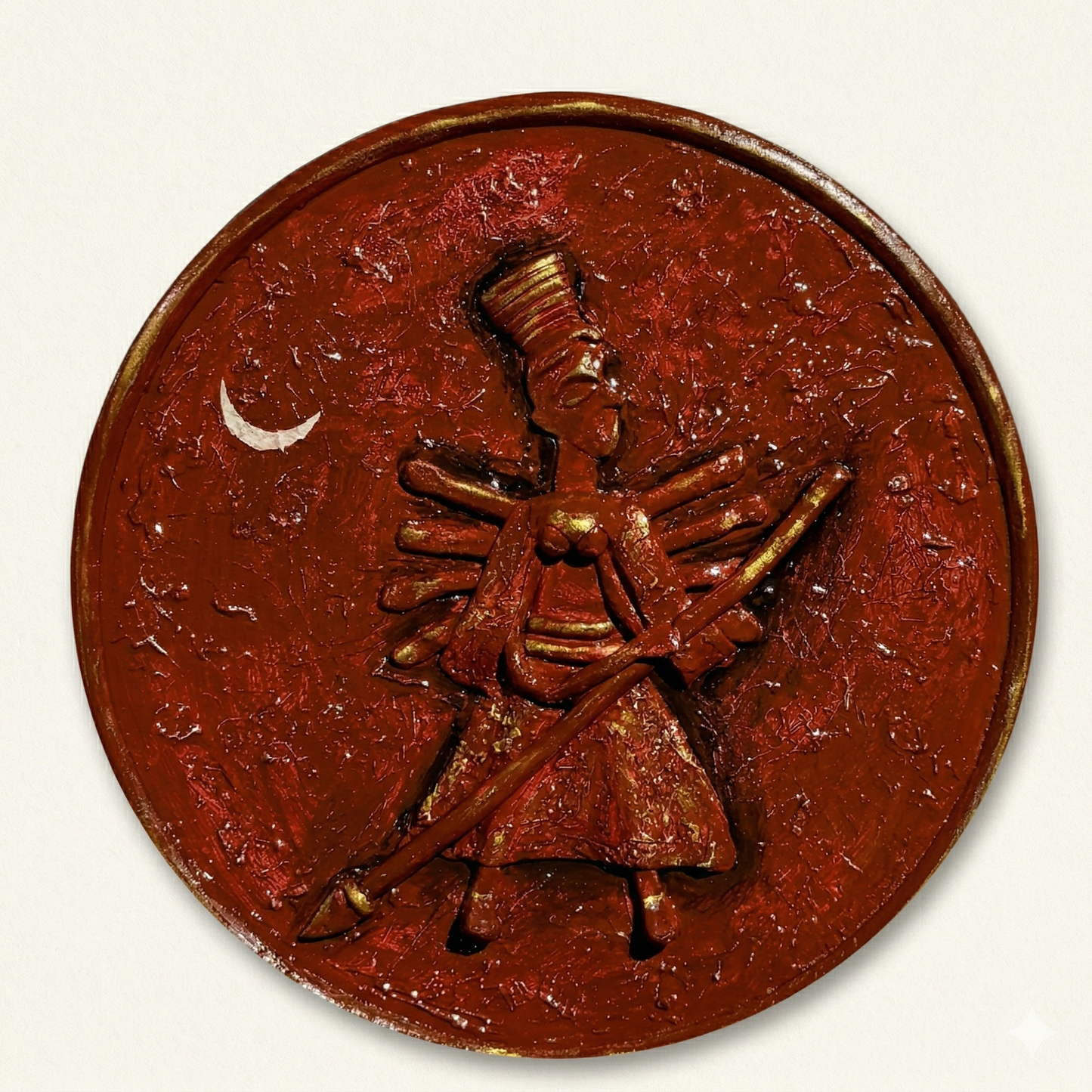 Bronze medallion with a detailed design of a figure and crescent moon on a white background