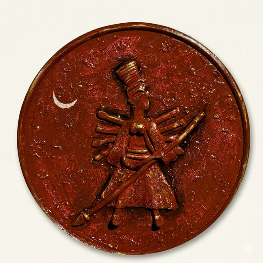 Bronze medallion with a detailed design of a figure and crescent moon on a white background