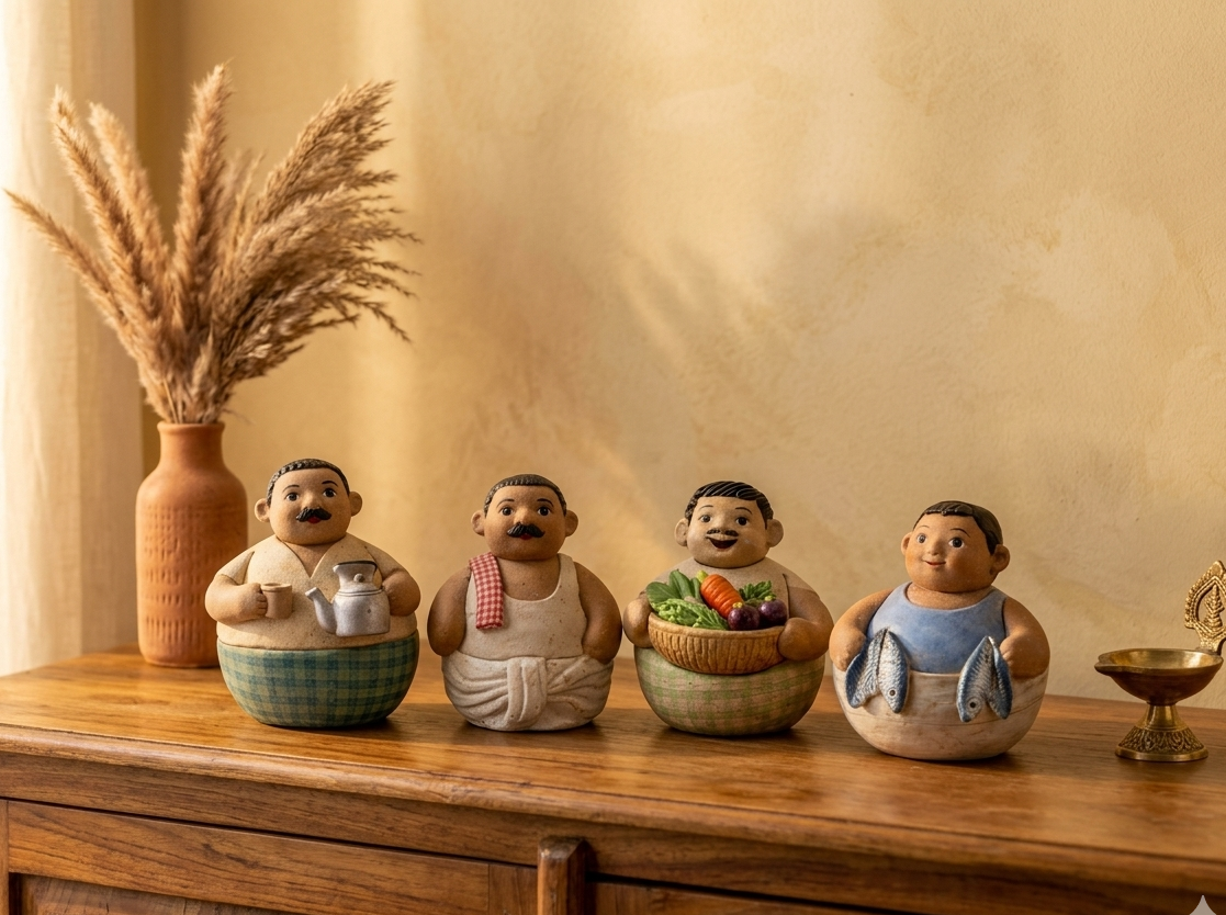 Four ceramic figurines on a wooden surface with a vase and decorative items in the background.