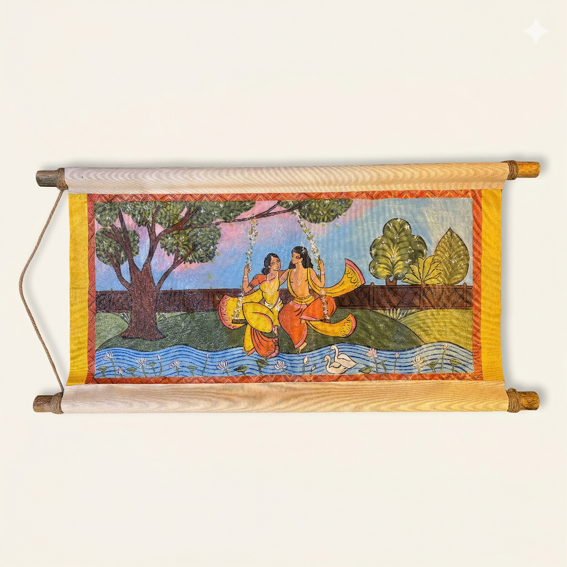Decorative wall scroll with a colorful scene of people under a tree on a white background