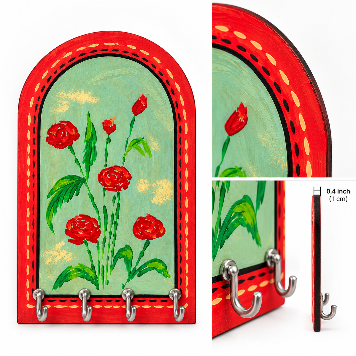 Wooden Key Holder Hand painted Kantha Embroidery