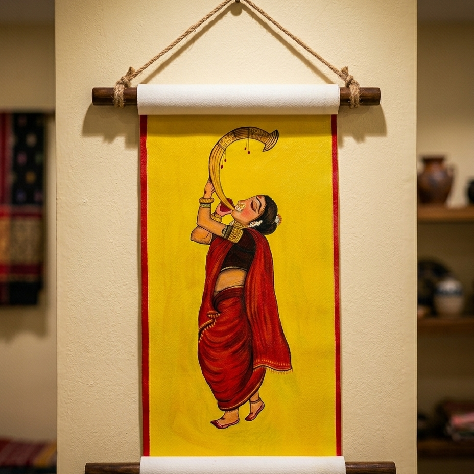 Painting of a woman holding a crescent moon on a yellow background, displayed on a wall.