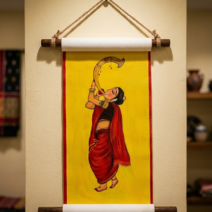 Painting of a woman holding a crescent moon on a yellow background, displayed on a wall.