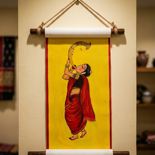 Painting of a woman holding a crescent moon on a yellow background, displayed on a wall.