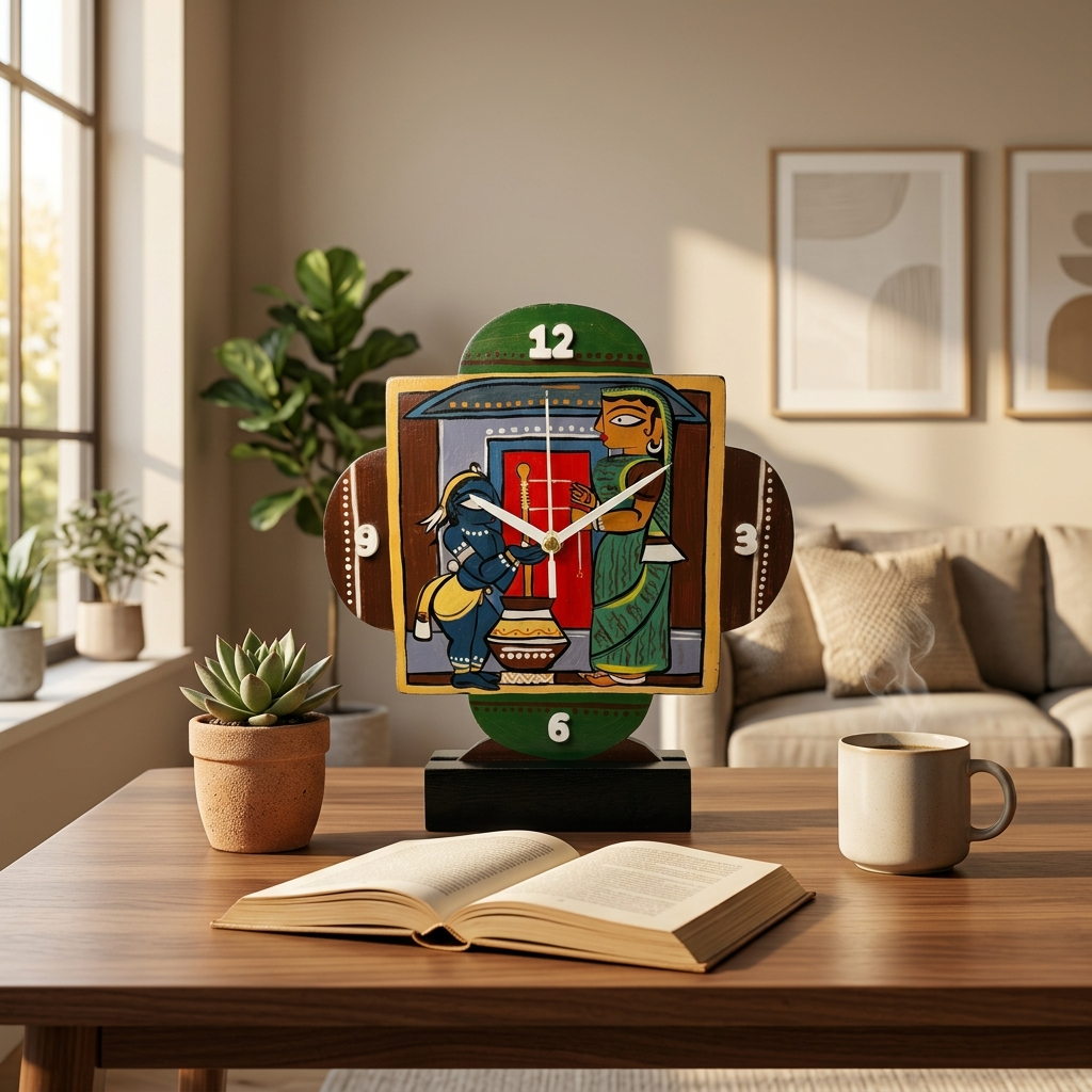 Jamini Roy Inspired Handcrafted Wooden Desk Clock