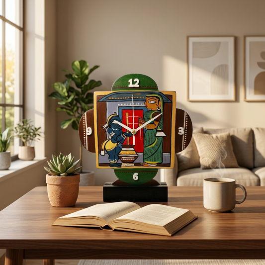 Wooden Table Clock - Jamini Roy Painting
