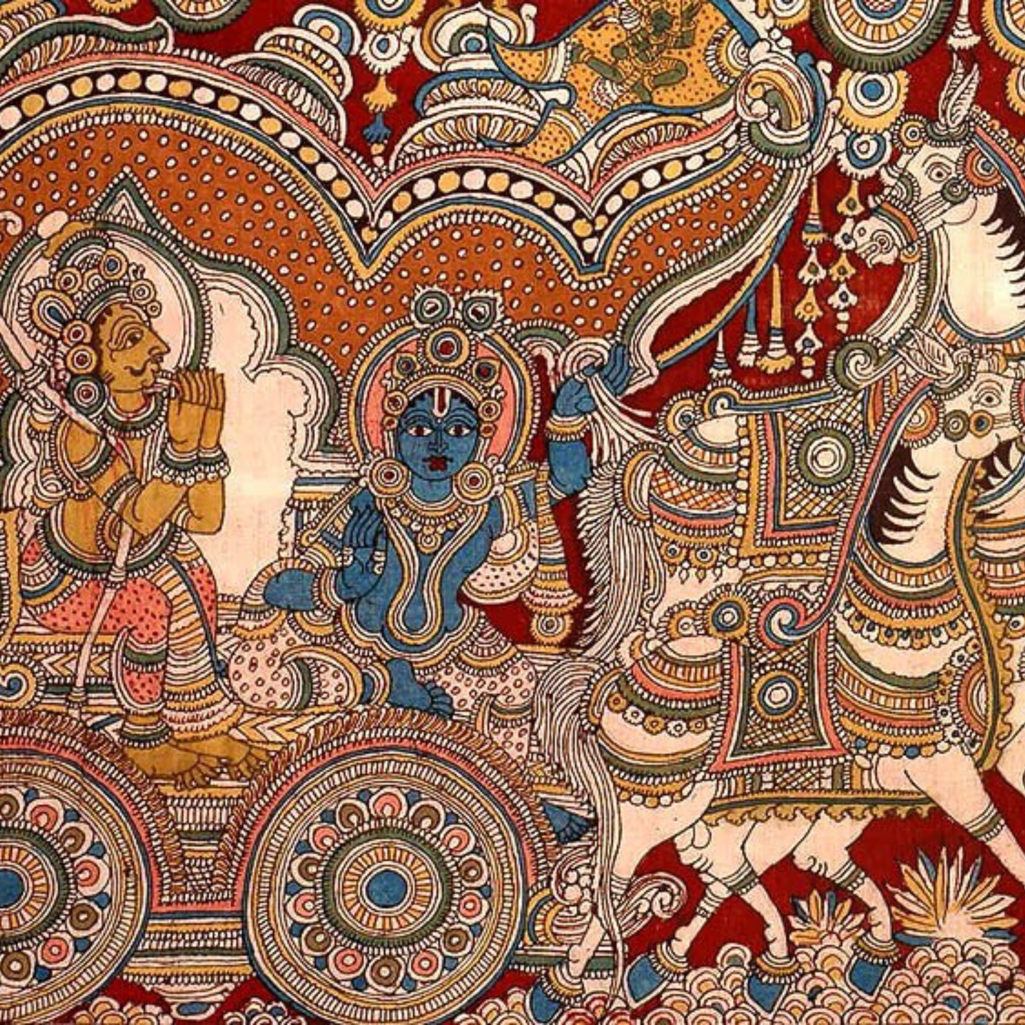 Colorful traditional art with figures and intricate patterns