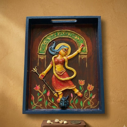 Decorative tray with a colorful depiction of a goddess on a beige background
