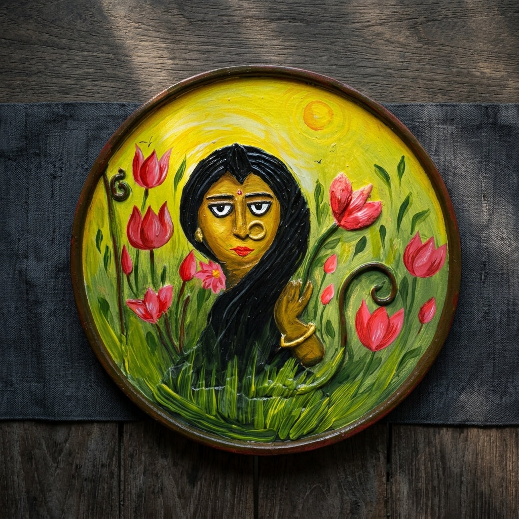 Indian Folk Art Hand Painted Wall Plaque – Handcrafted Wooden Decor for Home & Gifting