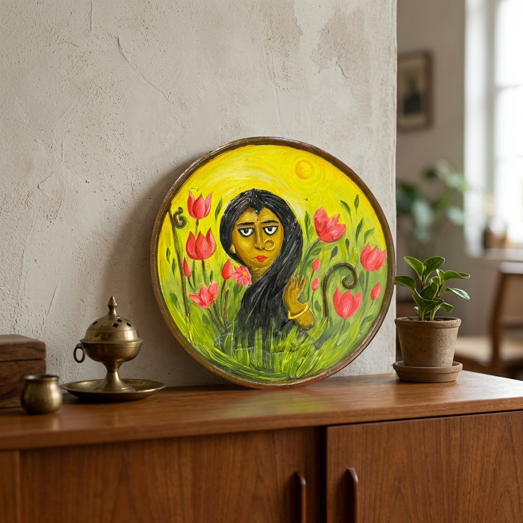 Indian Folk Art Hand Painted Wall Plaque – Handcrafted Wooden Decor for Home & Gifting