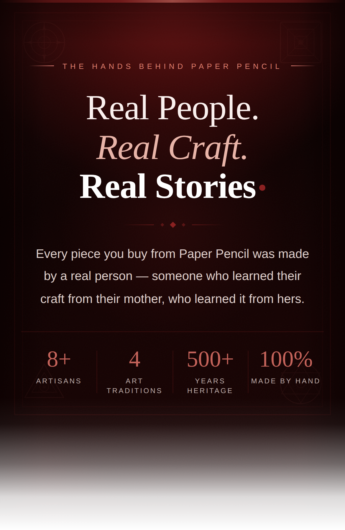Promotional text about 'Paper Pencil' with details on craftsmanship and heritage.
