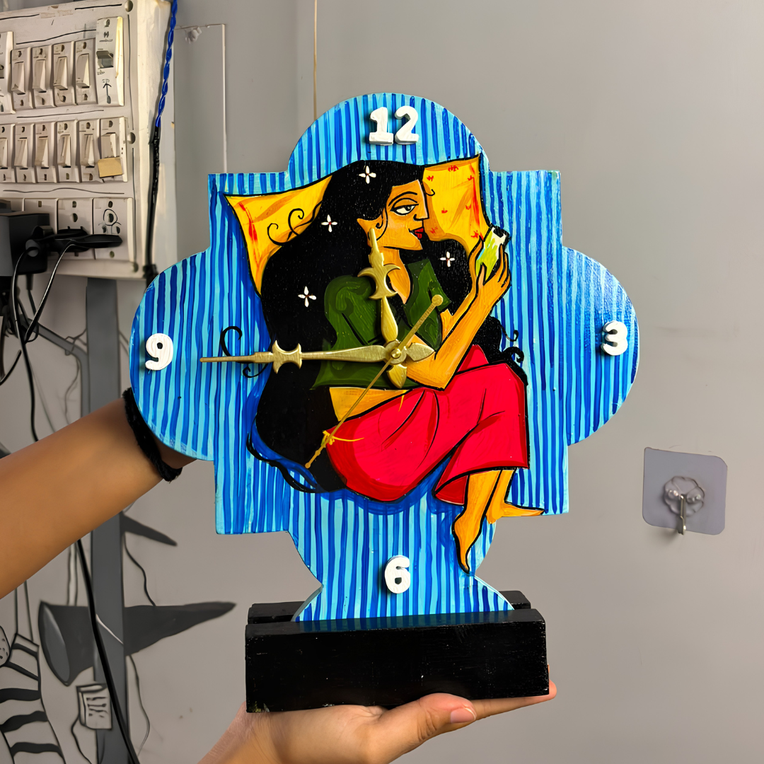 wooden table clock displayed in hand to showcase clock