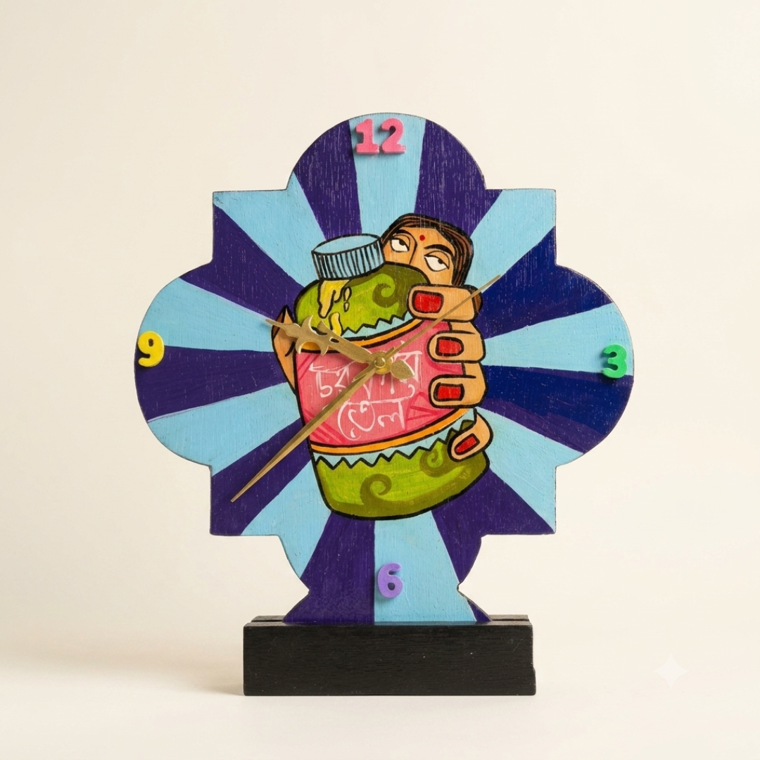 wooden table clock in multicolor featuring a girl holding a can of oil with hand painted finish wooden holder base