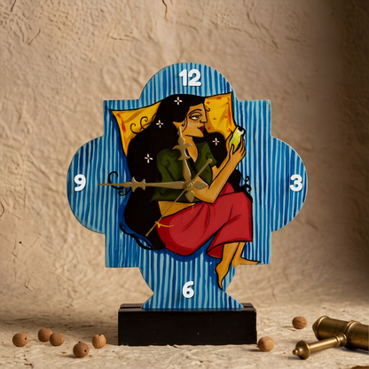 wooden table clock displayed in a space  to showcase clock and decor 