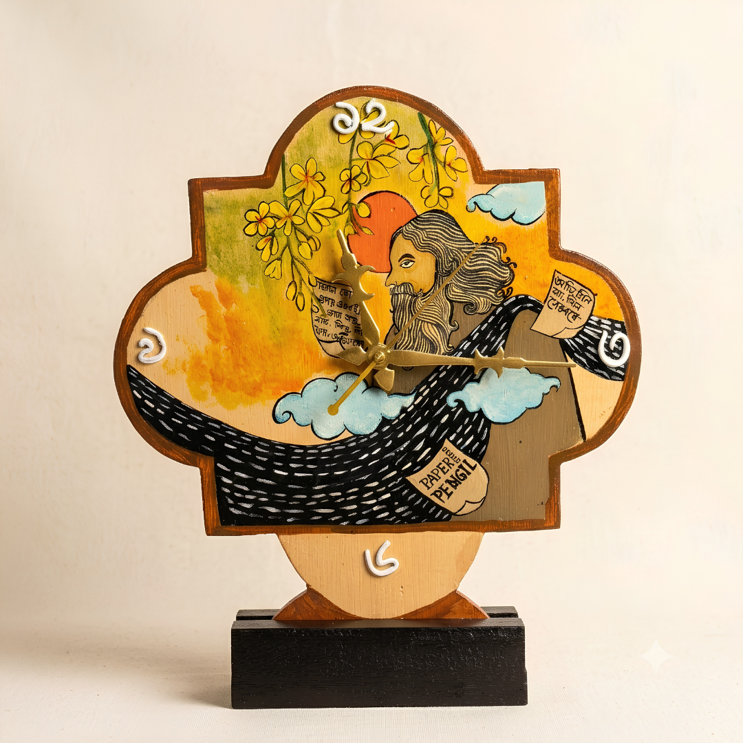 A decorative wooden table clock shaped square, featuring a hand-painted illustration of rabindranath tagore  on a yellow and orange background, mounted on a black base.